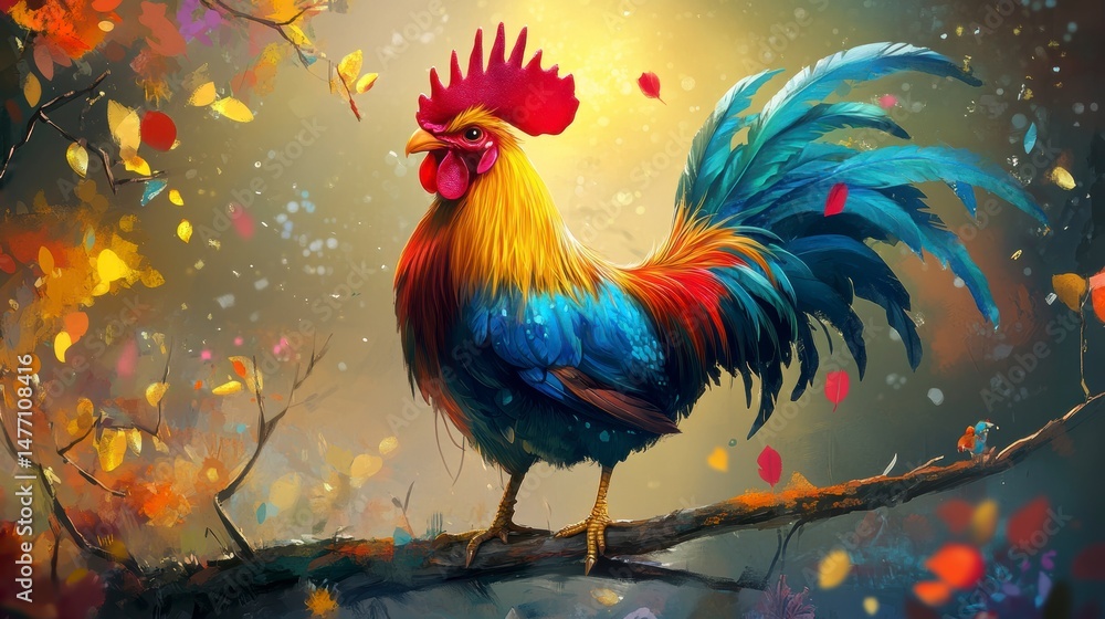 Fototapeta premium Colorful rooster perched on a branch amidst autumn leaves and falling snow.