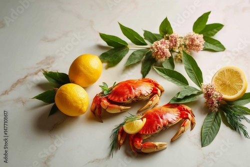 Wallpaper Mural Delicious Cooked Crab with Lemon and Flowers Torontodigital.ca