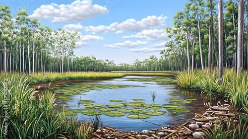 Serene Australian Billabong Landscape Painting, Tranquil Water, Lush Greenery, Eucalyptus Trees