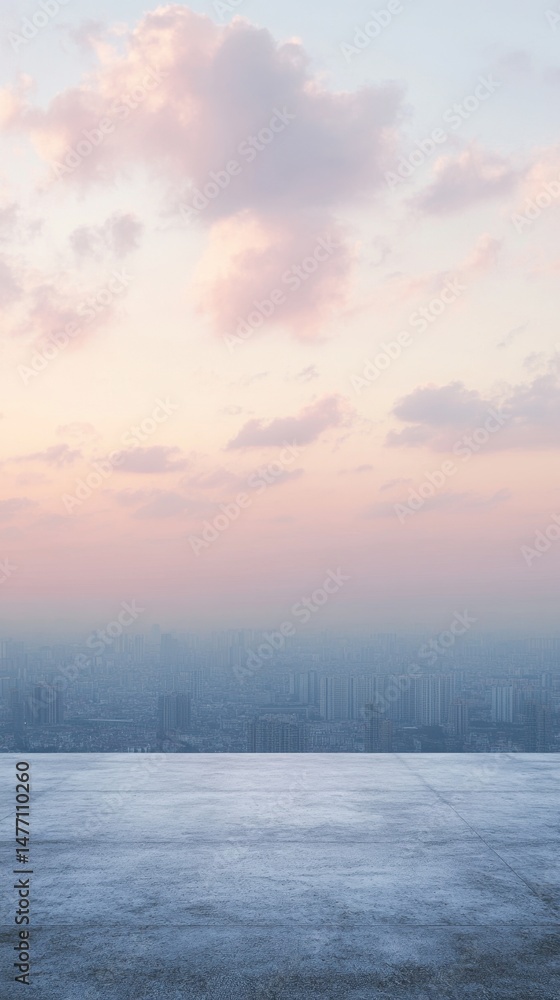 Fototapeta premium Urban Rooftop View at Sunset with Pink Clouds and Cityscape in the Distance Minimalist Aesthetic