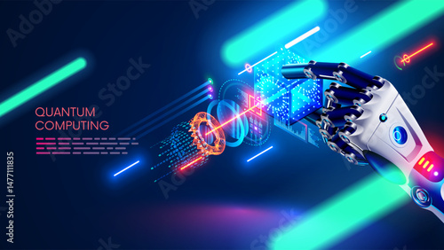 AI or Artificial intelligence Robot hand or arm holding glass cube surrounded by optical, electronic signals. Artificial intelligence makes scientific discoveries and develops new composite materials.