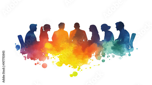 Colorful team silhouettes with vibrant paint effect, diversity and inclusion abstract artwork isolated on white transparent background