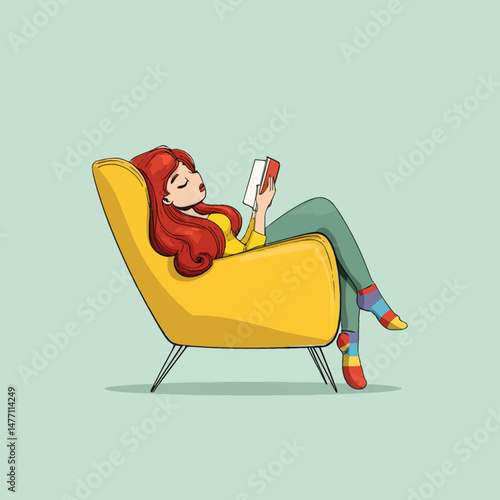A young woman with long red hair lounges on her back in a bright yellow armchair, fully absorbed in reading a book. Her colorful socks add a playful touch to the cozy atmosphere.
