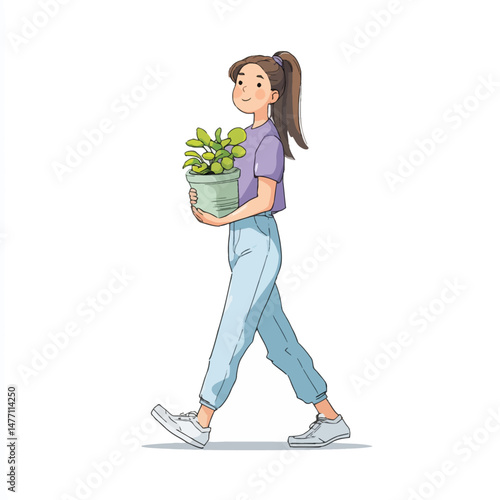 A young individual walks confidently, holding a green houseplant in a decorative pot. The activity occurs in a well-lit, cheerful setting, showcasing a love for nature.