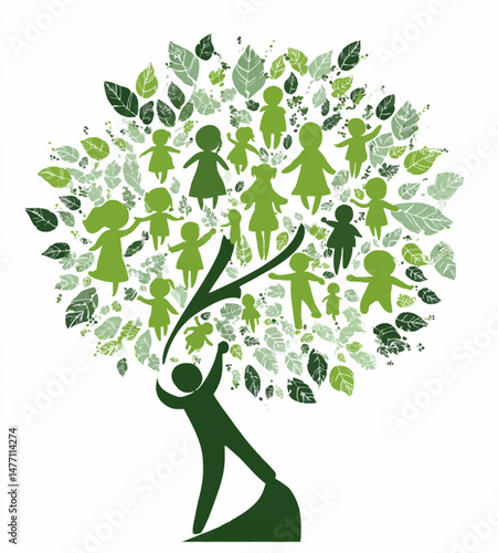 This design showcases a family tree with stylized figures and leaves in various green shades, symbolizing relationships, lineage, and growth across generations in a modern style.