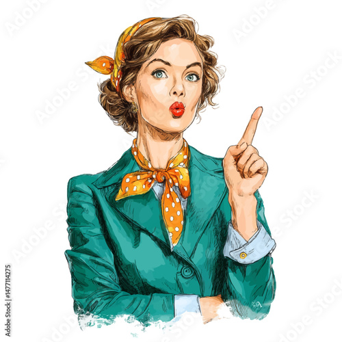 A confident business woman character stands in an office, wearing a green suit and orange scarf. She raises one hand with a playful expression, suggesting an idea or solution.