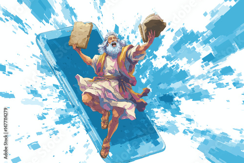 Moses, depicted in a vibrant pop art style, joyfully holds the tablets of the Ten Commandments while emerging from a digital background, blending ancient and modern elements.