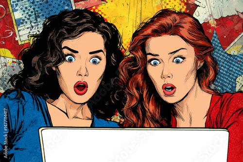 Two women are captivated by an empty television screen, expressing surprise and curiosity. The room features colorful pop art elements that enhance their reaction, creating an engaging environment.