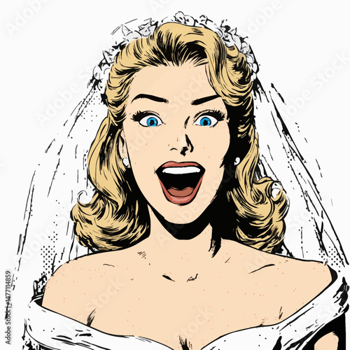 A joyful blonde bride, adorned in a classic wedding gown and veil, expresses excitement with a wide smile, capturing the essence of celebration and happiness on her special day.