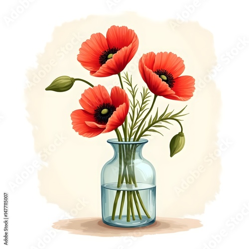 Summer Serenity: Handwritten Greeting Card with Fragrant Red Poppies in Glass Vase