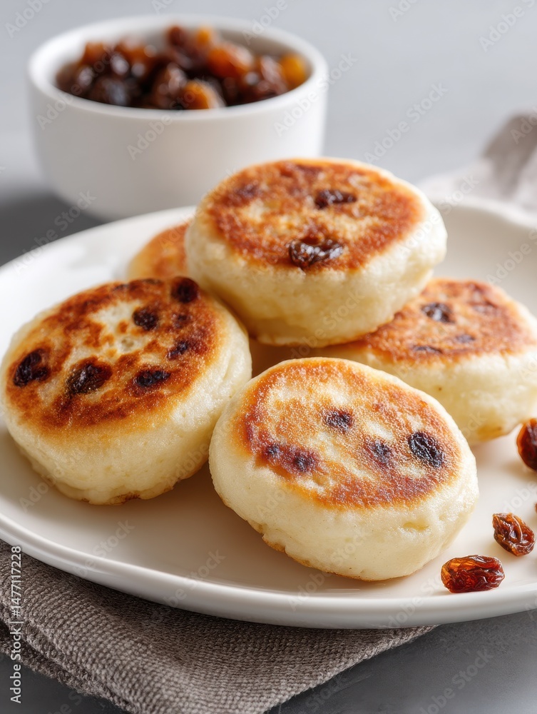 Golden raisin pancakes on white plate in soft lighting. Golden raisin pancakes on white plate in soft lighting.