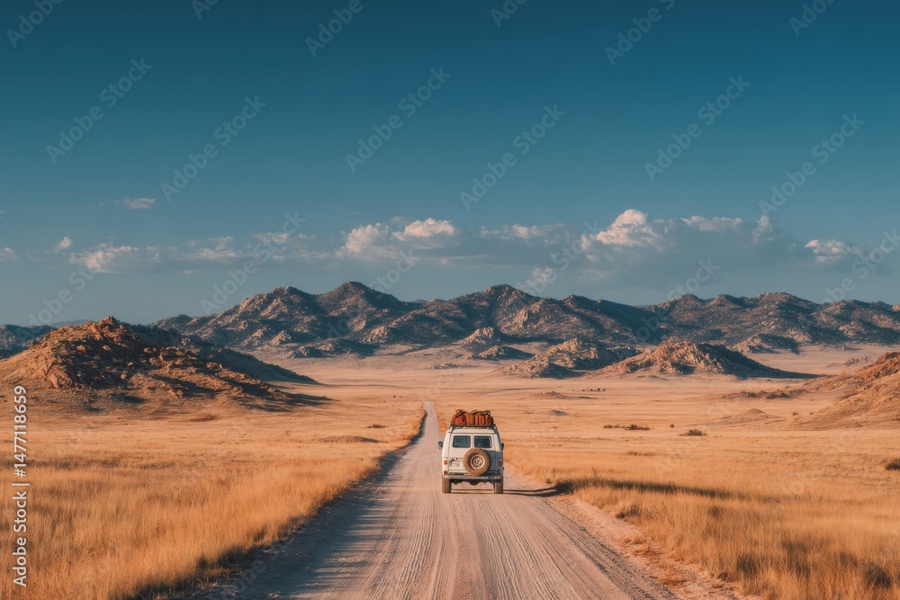 Expedition Vehicle Drives Remote Desert Road Toward Distant Mountains Under Clear Blue Sky During Overland Journey Expedition Vehicle Drives Remote Desert Road Toward Distant Mountains Under Clear Blue Sky During Overland Journey
