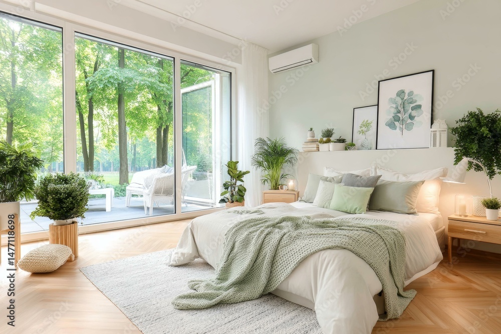 Modern Bedroom with Lush Greenery View Modern Bedroom with Lush Greenery View