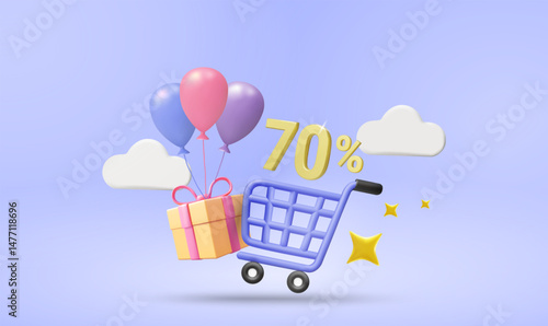 3D Vector Illustration Render of Online Shopping Cart with 70% Off Sign on Top with Gift Box, Floating Balloons, Star Ornaments and Clouds. Big Sale, Event, Promotion, Special Holiday Campaign Concept