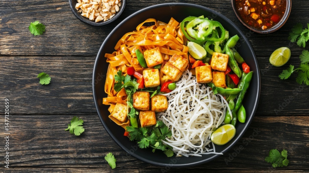 A top-down view of assorted vegetarian Thai dishes like tofu pad Thai, vegetable curry, and papaya salad on a wooden table A top-down view of assorted vegetarian Thai dishes like tofu pad Thai, vegetable curry, and papaya salad on a wooden table