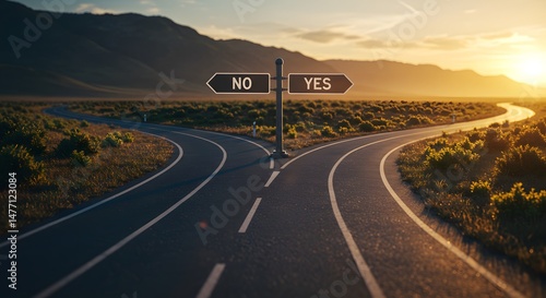 Road Sign Showing Yes and No at Fork in the Road Choice