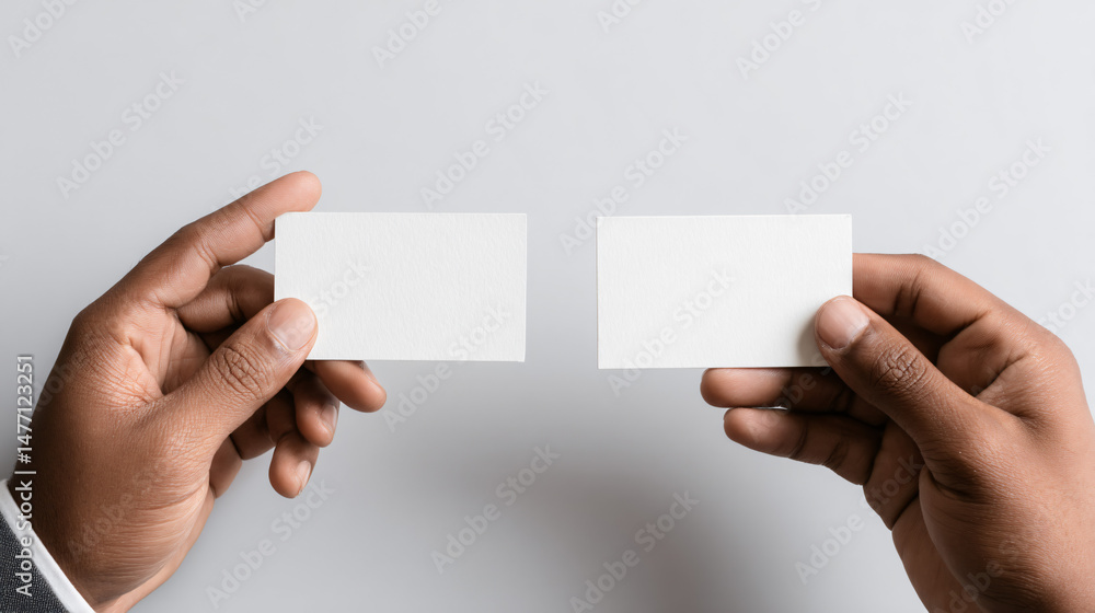 Fototapeta premium Two hands holding blank white cards offering space for text or design