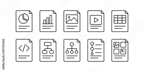 Flat icons of document types including video, analytics and programming