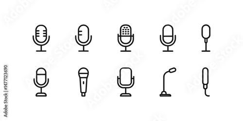 Microphone icons in various recording and podcasting styles