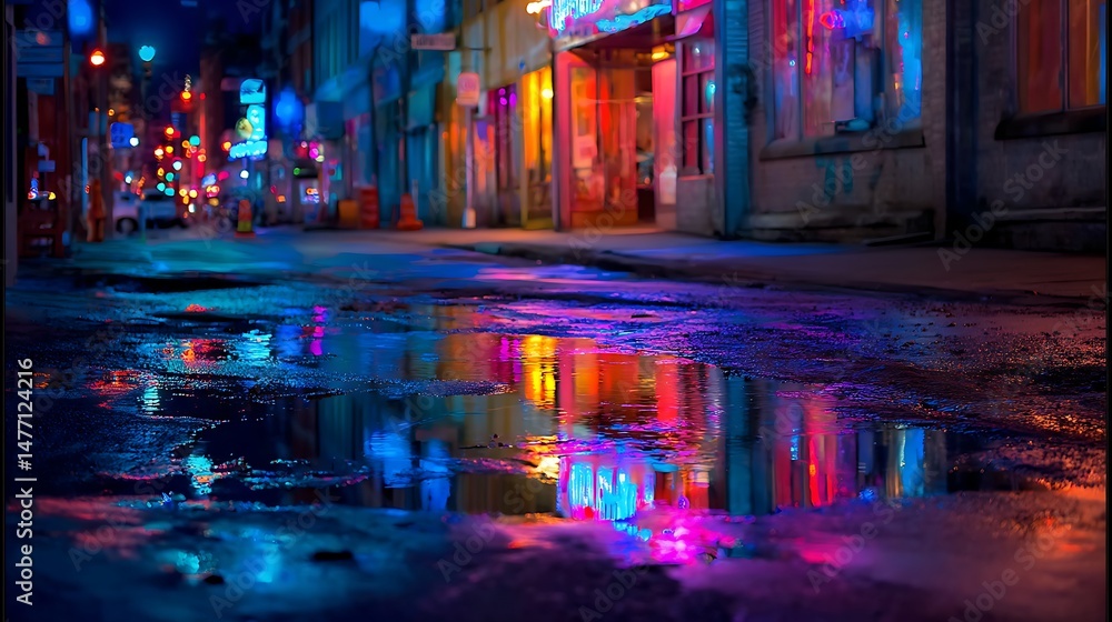 Glow neon lights on a dark city street, reflection of neon light in puddles and water Glow neon lights on a dark city street, reflection of neon light in puddles and water