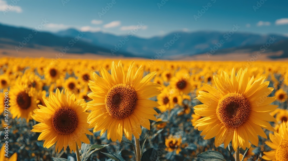 Obraz premium Vibrant Sunflower Field Under Blue Sky on a Bright Day