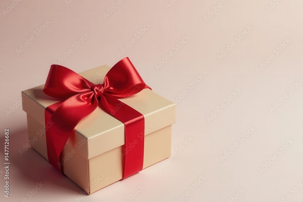 Elegant red ribbon tied on brown gift box Pastel backdrop , box, ribbon, flat lay Elegant red ribbon tied on brown gift box Pastel backdrop , box, ribbon, flat lay