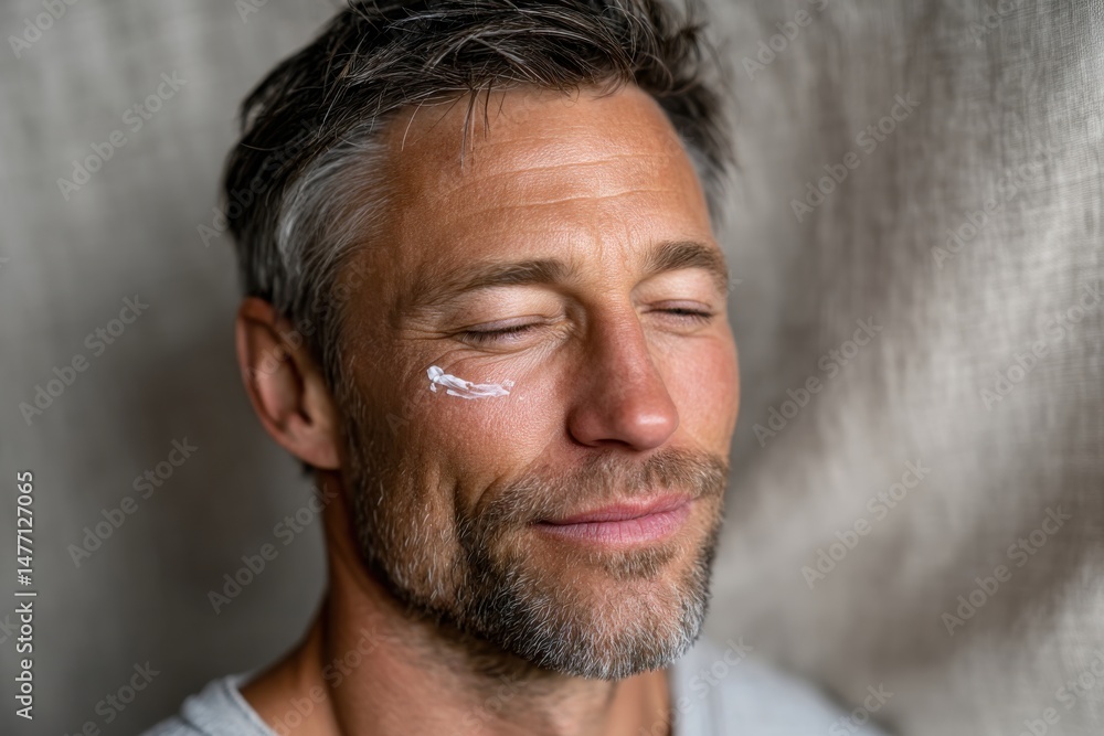 Obraz premium A mature man with a content smile enjoys the application of facial cream, reflecting self-care and tranquility in a serene atmosphere.