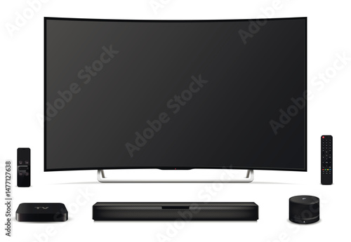 Realistic curved tv screen, remote control, sound bar, tv set-top box and smart speaker