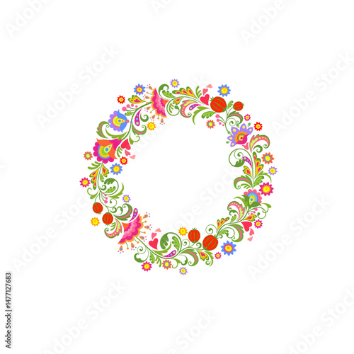 Night before Ivan Kupala. Flowers decorative wreath on white background. Slavic midsummer holiday poster