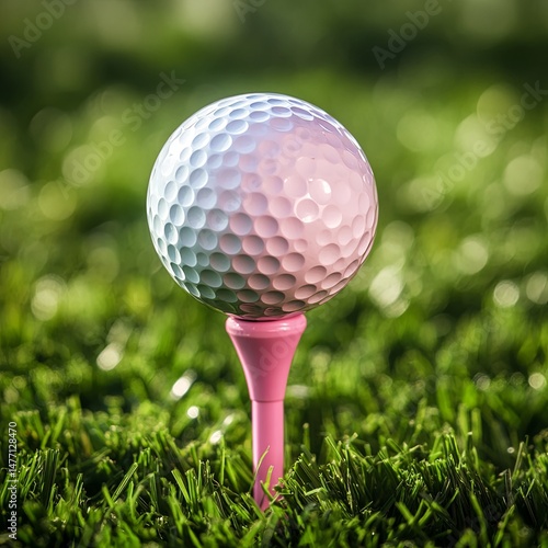 The golf ball is on the pink tee, and the green grass is the background. The golf ball is sitting on the tee, and the grass is behind it.