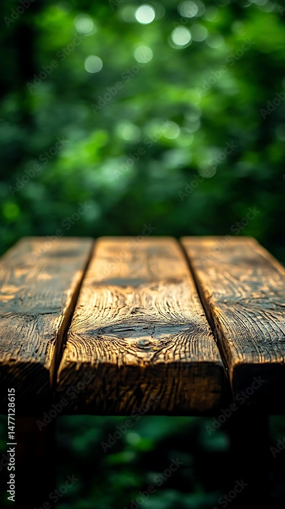 Fototapeta premium Wooden table, forest background, picnic scene