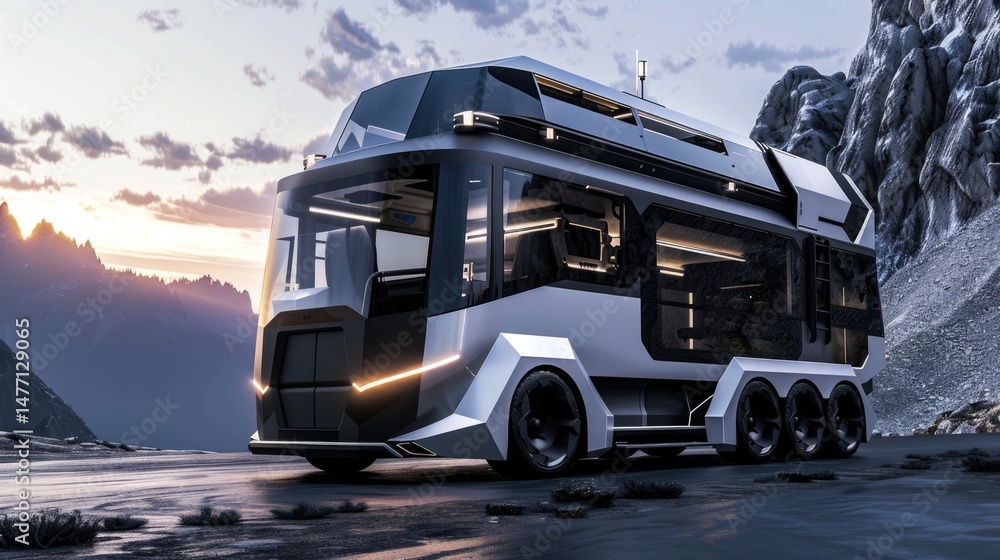 Obraz premium Futuristic electric camper vehicle, modular mobile home concept with panoramic windows parked in wilderness
