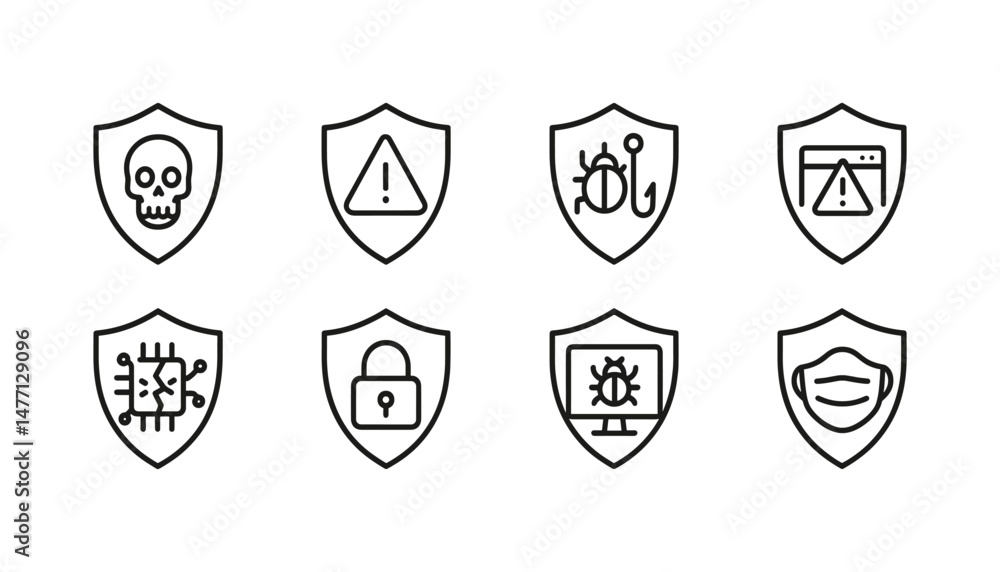 Warning and virus shield icons for cybersecurity threats Warning and virus shield icons for cybersecurity threats