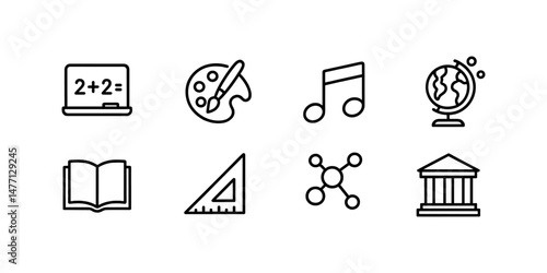 School subject icons including math, art, music and science