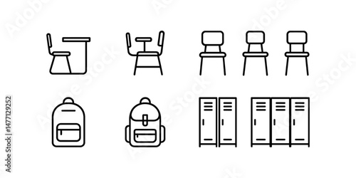 School furniture and backpack icons including desks, chairs, lockers