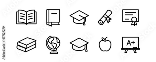 Academic icons with diploma, books, globe and certificate