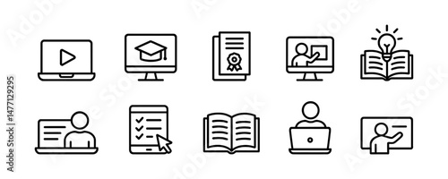 Icons of digital learning, books and certificates