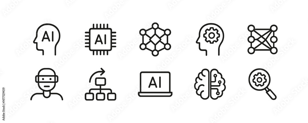Fototapeta premium AI outline icons with neural networks and robot head