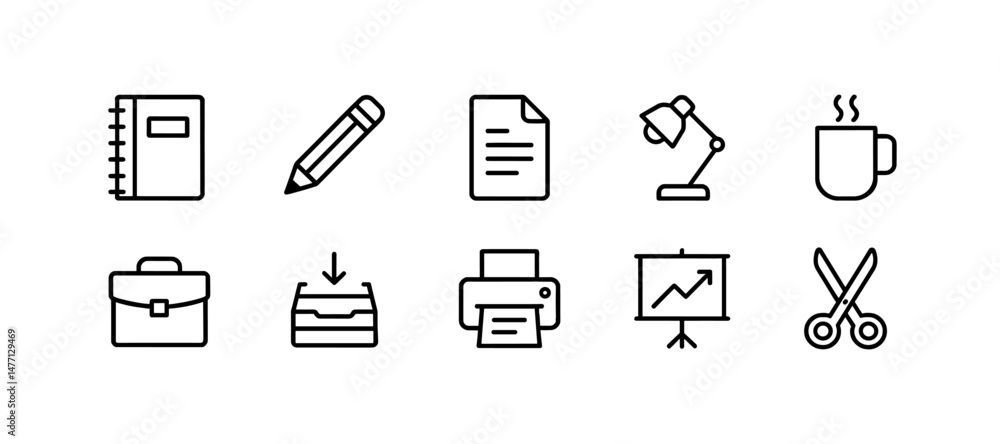 Office item icons: notebook, pen, case, cup and scissors Office item icons: notebook, pen, case, cup and scissors