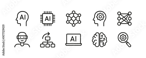 AI outline icons with neural networks and robot head