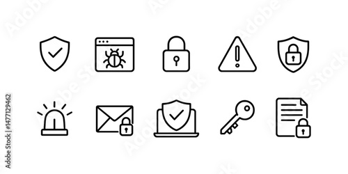 Cybersecurity icons including shield, lock, alert and bug