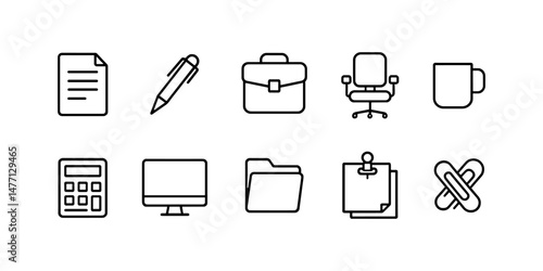 Office icons including documents, computers, pens and mugs