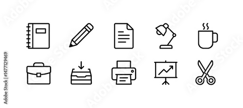 Office item icons: notebook, pen, case, cup and scissors