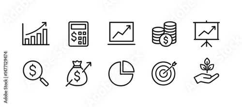 Finance icons with charts, coins, calculator and growth