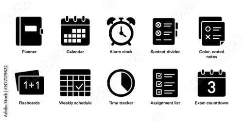 Schedule icons: calendar, alarm, planner and time tracker