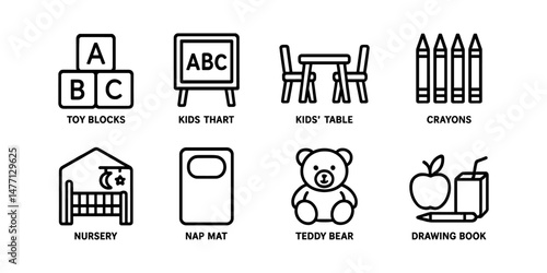 Preschool icons: ABC blocks, toys, nap mat and crayons