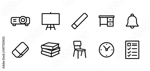 Classroom item icons: board, clock, desk, eraser and chair