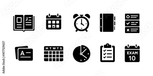 Flat calendar and time icons for school planning