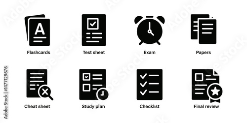Glyph icons for exam, papers, study plan and checklist