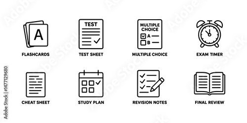 Test preparation icons: flashcards, checklist and timer